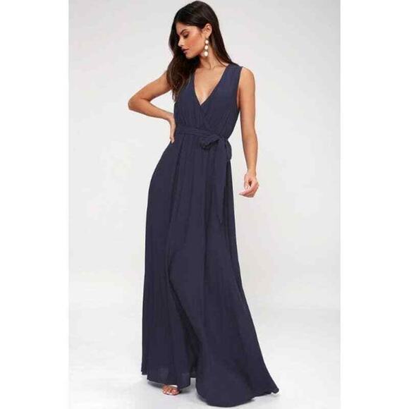 Lulus Abigail Maxi Dress S Surplice V-Neck Sleeveless Long Elastic Waist Navy - Picture 1 of 13
